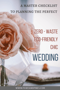 A pink rose in a geometric glass vase with text overlay: A master checklist to planning the perfect zero-waste, eco-friendly, chic wedding