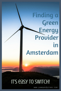 Windmill with text overlay: Finding a green energy provider in Amsterdam