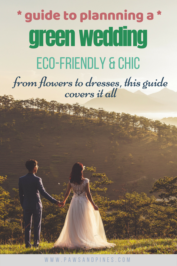 Bride and groom looking into the distance with text overlay: guide to planning a green wedding eco-friendly & chic