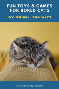 bored cat sleeping with text overlay: 'fun toys and games for bored cats | eco-friendly & zero waste'